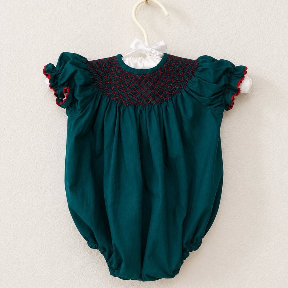 City Beautiful Boutique Green Hand Smocked Christmas Bubble Romper